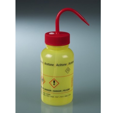 Pissette de securite LDPE jaune 500 ml pictogramme acetone en anglais , allemand , espagnol , franai