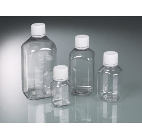 Flacon de laboratoire PET sterile, contenance : 500 ml, L x l : 76 x 76 mm, hauteur avec bouchon 173