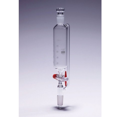 Ampoule de coulee isobare 125 ml rodage 19/26 bouche robinet PTFE voie de 2,5 mm avec bouchon plasti