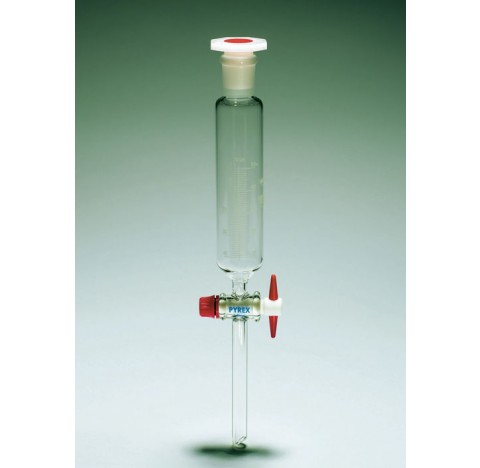 Ampoule de coulee simple 50 ml rodage 19/26 bouche robinet PTFE voie de 2,5 mm avec bouchon plastiqu