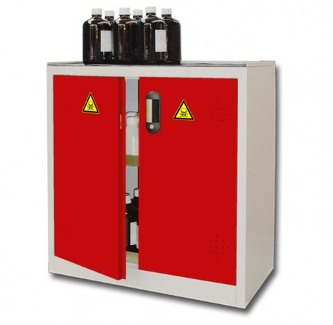 Armoire 155 litres comptoir, a portes rouges, a Etageres, armoire de surete pour produits dangereux/