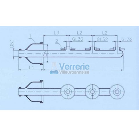 Tube d'alimentation arroseur DN 150 KZB et DN 50 KZA Longueur L: 640 mm L1: 200 mm verre industriel