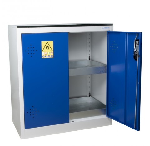Armoire 155 litres comptoir, a portes bleues, a Etageres, armoire de surete pour produits dangereux/