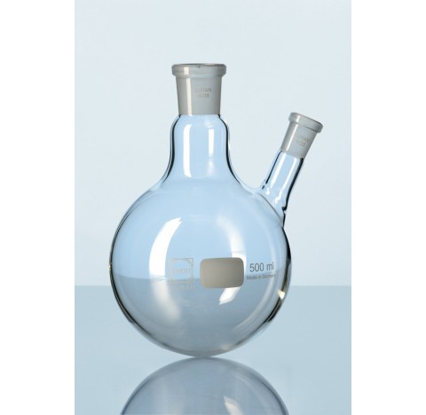 Ballon a fond rond DURAN, avec 2 cols, col central NS 29/32, col lateral NS 14/23, 2000 ml diametre 