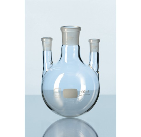 Ballon a fond rond DURAN, avec 3 cols, col central NS 29/32, col lateraux NS 29/32 2000 ml