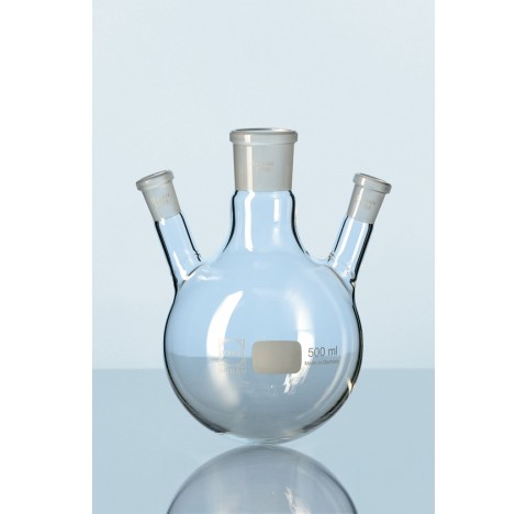 Ballon a fond rond DURAN, avec 3 cols, col central NS 29/32, col lateraux NS 14/23, 1000 ml diametre