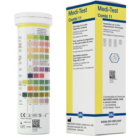 Bandelettes reactives pour analyse d'urine, Medi-test Combi 11, 100 tests.Bandelettes urinaires. Ana