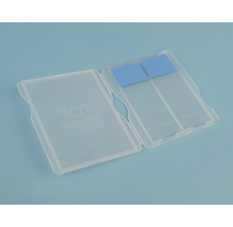 Caisse plastique plate pour 2 lames de microscope avec ouvertures en charnieres, dimensions 90x70x5 