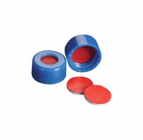 Bouchon visse 9 mm bleu avec septa PTFE/silicone/PTFE, filete, EVA (Boite de 100)