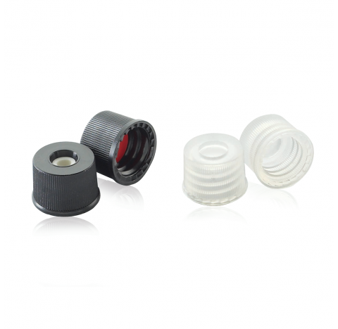 Bouchons a haut ouvert premontes avec septa, col filete, 13-425, bouchon en polypropylene noir, join
