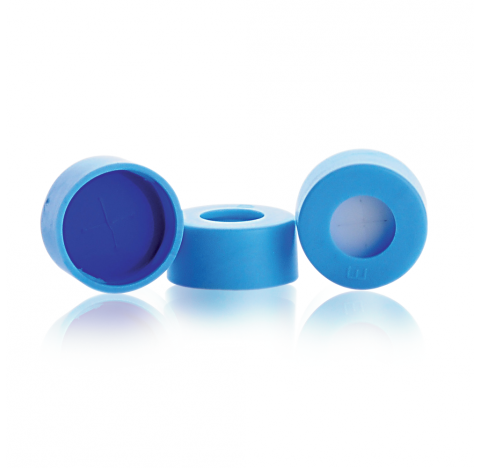 Bouchon a pression 11 mm avec septa PTFE/silicone prefendus, bleu clair, EVA (Boite de 100)
