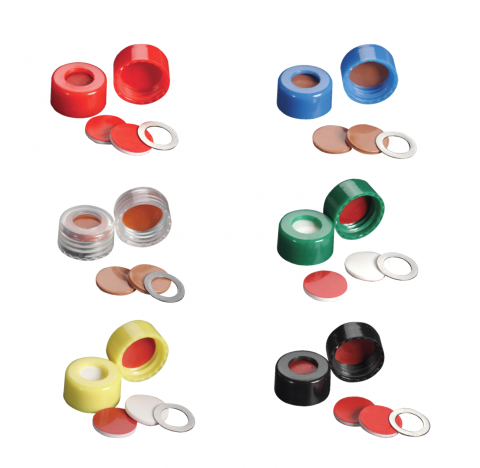 Bouchon noir 9 mm ScrewTin joint torique metallique, filete, avec septa PTFE/silicone, EVA (Boite de