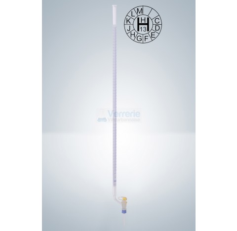 Burette 50ml subdivision : 0,1 ml classe AS robinet coude cle verre graduation bleue schellbach DIN 