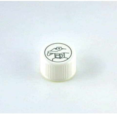 Capsule PP28 Child Proof en polypropylene blanc, avec joint cuvette et pictogramme noir