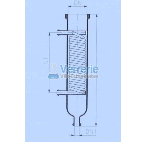 Serpentin refroidisseur en verre DN 200 PZ , DN(1) 25 KZA longueur totale 725 mm Longueur serpentin 