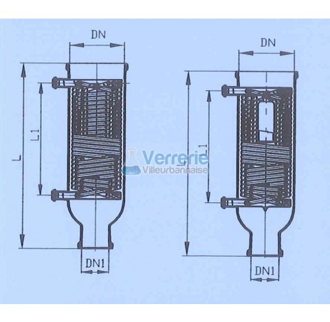 Serpentin refroidisseur en verre DN 200 PZ , DN(1) 150 KZA longueur totale 725 mm Longueur serpentin
