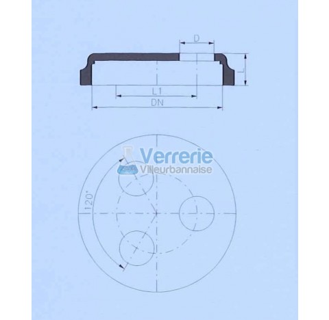 Couvercle DN 200 PZ 3 trous perces decentres Diam 54mm Hauteur 50mm entraxe L1 125mm verre industrie