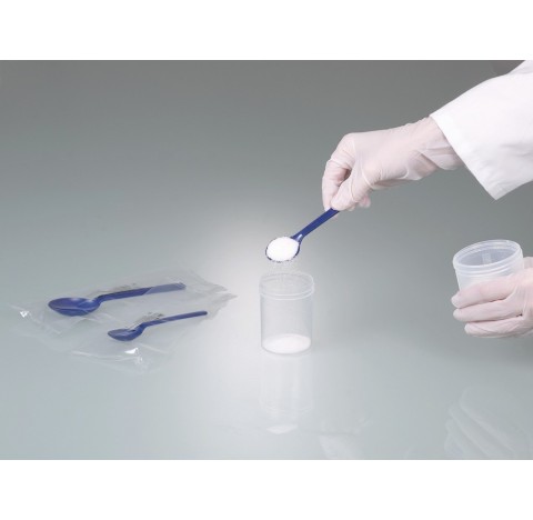 10 cuilleres 10 ml en polystyrene bleu longueur 170 mm, emballees en usage unique et sterilisees par