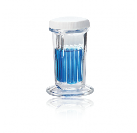Jarre de coloration 5 lames, verre sodocalcique de Type III, clair, avec bouchon polypropylene blanc