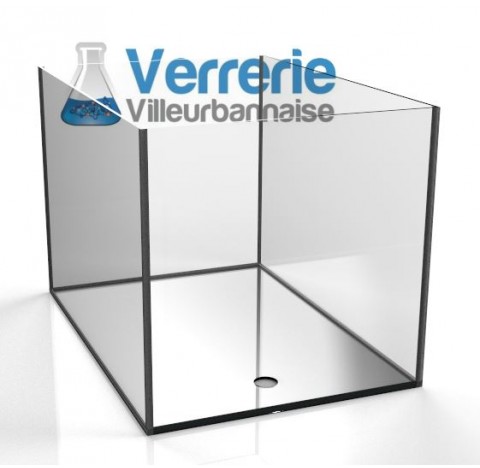 Cuve en verre sodocalcique siliconé 650x460x450 mm épaisseur 5 mm avec trou de 39 mm sur le fond, ty