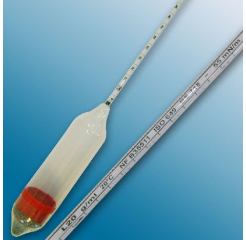 Densimetre en verre amplitude 0,800-0,900 Sp. Gr   division 0,002 precision 0,002 longueur totale 25