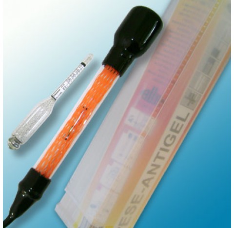Densimetre en verre amplitude -5-40 degre Celsius en etui transparent avec crochet division 5  longu
