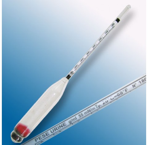 Densimetre en verre amplitude 1,000-1,030 g/ml  division 0,001  longueur totale 135 mm   Temperature