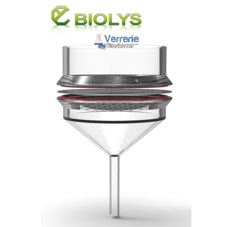 Entonnoir Buchner 2 litres DN200 en verre borosilicate grille inox, avec jionts PFA et collier de fe