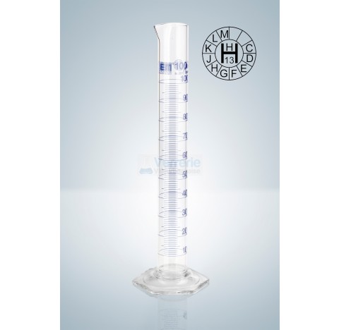Eprouvette graduee 250 ml classe A en verre graduation bleue, DIN EN ISO 4788 marquage d'identificat