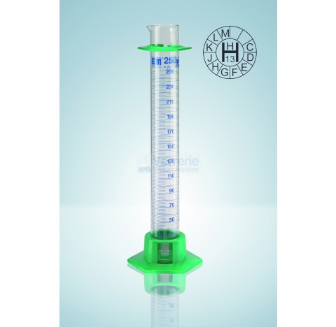Eprouvette graduee 10 ml classe A en verre pied plastique graduation bleue, DIN EN ISO 4788 marquage