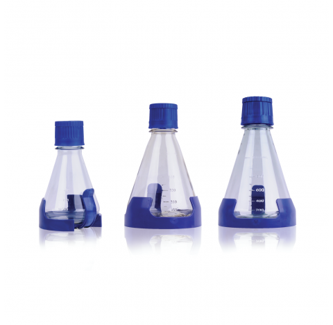 Fiole a agiter en polycarbonate, 2000 ml, fond plat, sterile avec bouchon DuoCap brevete a echange d