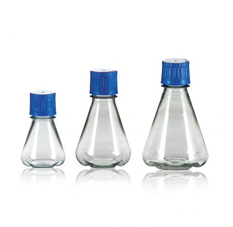 Fiole a agiter en polycarbonate, 125 ml, base a baffles, sterile avec bouchon DuoCap brevete a echan
