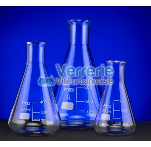 Fiole erlenmeyer 1 litre col etroit verre Pyrex ISO 1773 Haut. 220 mm Diam int du col 36 mm Diam. De