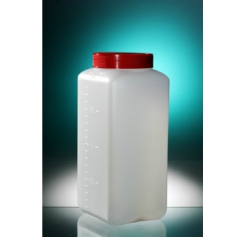 Flacon carre 2L PEHD marron gradue Haut 230 mm diametre73 mm etet bouchon jointe rouge Assemblage : 