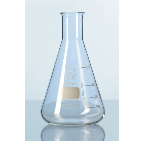 Fiole Erlenmeyer col etroit avec graduation, 25 ml diametre de base 42 mm diametre de col 22 mm haut