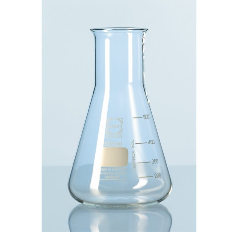 Fiole Erlenmeyer col large avec graduation, 25 ml diametre de base 43 mm diametre de col 31 mm haute