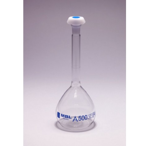 Fiole jaugee bouch. MBL classe A H mark et certif. 5000ml CN34/35 serigraphie bleue