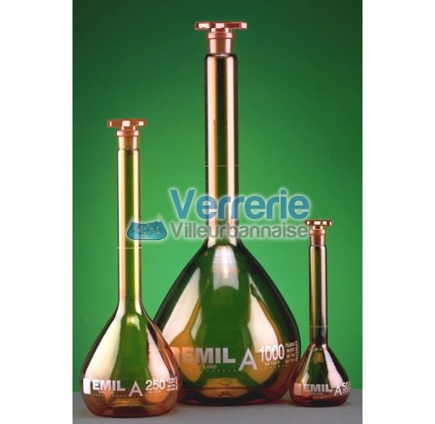 Fiole jaugee 20 ml rode 10/19 classe A verre brun avec certificat serigraphiee bleue tolerance 0,4ml