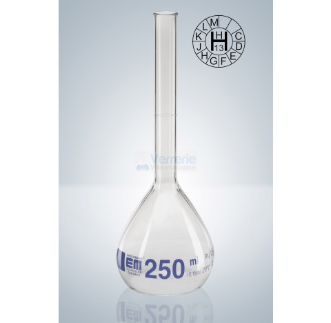 Fiole jaugee 100 ml classe A en verre , graduation bleue marquage d'identification DIN EN ISO 1042 v