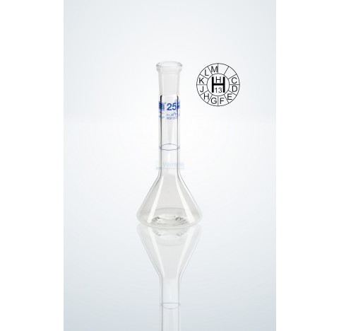 Fiole jaugee 1 ml forme trapeze rodee classe A en verre graduation bleue,marquage d'identification D