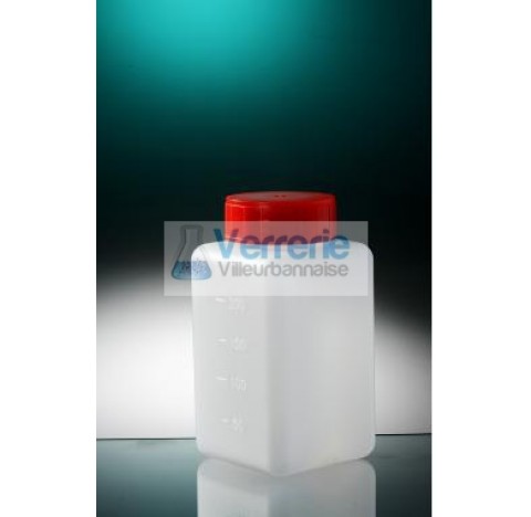 Flacon carre 250ml PEHD naturel hauteur 109 Diam 37 et bouchon rouge et obturateur naturel Quantite 
