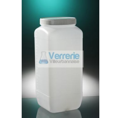 Flacon carre 2,5L PEHD naturel gradue hauteur 259 mm diametre 88  mm et bouchon jointe blanc