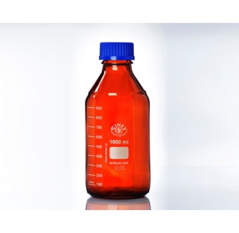 Flacon 5 litres en verre borosilicate ambre, ISO GL45 avec bouchon visse et bague bleue Dim. Diam 18