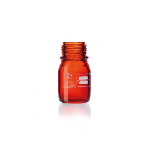 Flacon de laboratoire visse GL 45 protect, a gainage synthetique (PU), brun,sans capuchon ni bague d
