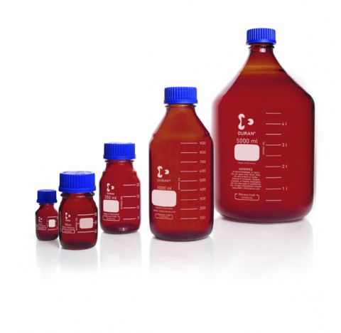 Flacon de laboratoire visse GL 45, brun, avec capuchon a vis et bague de deversement (PP), 150 ml  .
