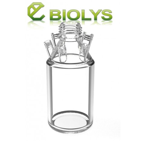 Flacon 1 litre avec un col GL45 central, 2 cols inclinés GL25 et 3 GL18 inclinés.