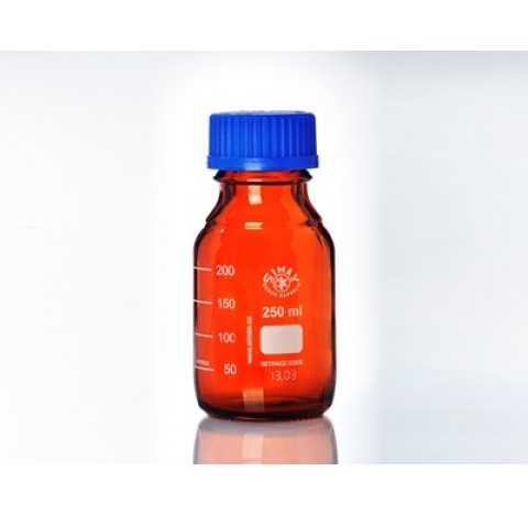 Flacon 250 ml en verre borosilicate ambre, ISO GL45 avec bouchon visse et bague bleue Dim. Diam 70 m