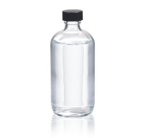 Flacon rond Boston, verre clair, contenance 1 oz avec bouchon visse 20-400 phenolique noir a joint c