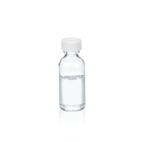 Flacon rond Boston, verre clair, contenance 1 oz avec bouchon visse 20-400 en polypropylene blanc a 