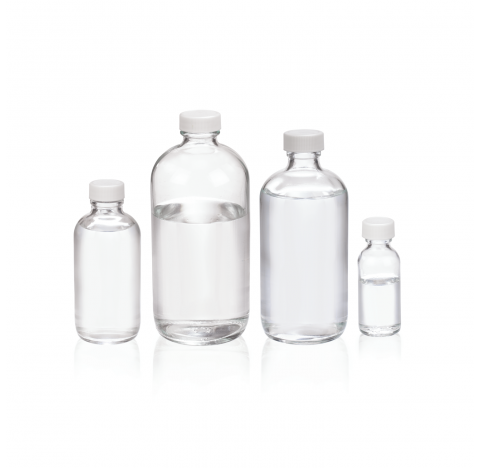 Flacon rond Boston, verre clair, contenance 2 oz avec bouchon visse 20-400 en polypropylene blanc a 